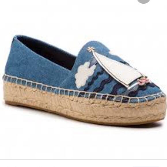 Tory Burch Slip On Platform Espadrille Shoes Sailing Coastal NEW Blue Womens 5 - Picture 1 of 12